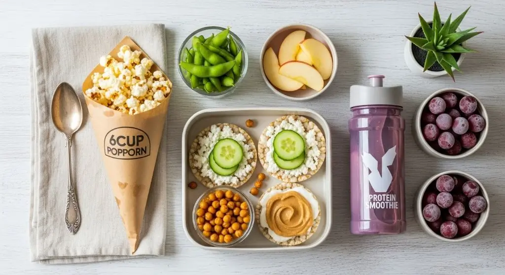 Flat-lay of low-calorie filling snacks like popcorn, edamame, and frozen grapes proves healthy nibbles can be pretty and portion-controlled.