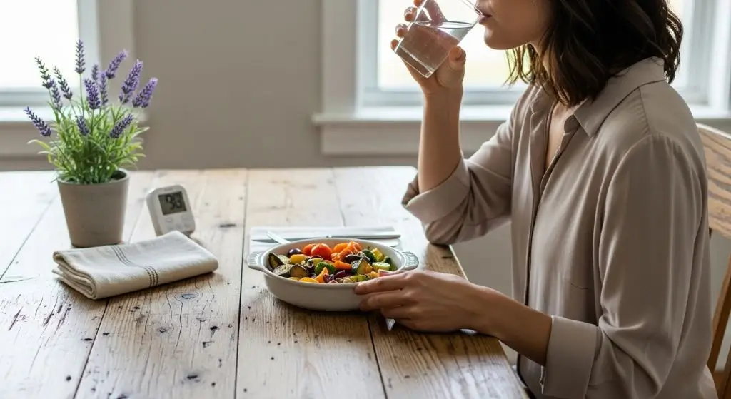 Mindful eating with smaller plate, water sip, and Low-Calorie Filling Foods amplifies fullness and enjoyment.