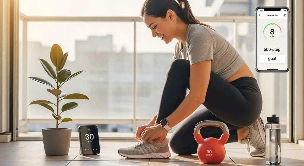 Woman with kettlebell and step goal shows movement is the silent partner to Low-Calorie Filling Foods for sustainable weight loss.