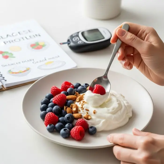 nonfat Greek yogurt protein with berries and almonds helping regulate blood sugar and provide steady energy