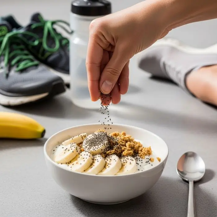 Nonfat Greek yogurt protein bowl with bananas and chia seeds boosting metabolism and energy levels for active mornings