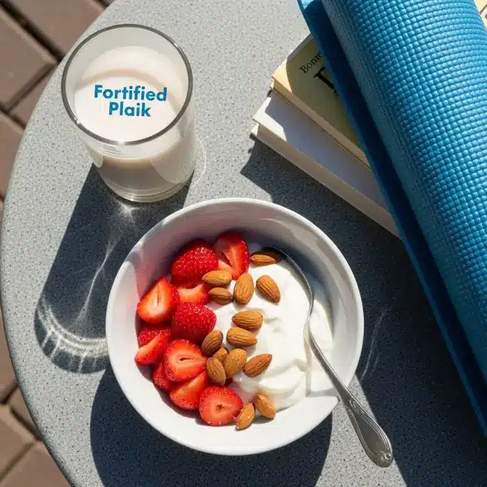 Nonfat Greek yogurt protein bowl with strawberries and almonds outdoors promoting calcium for strong bones and healthy living