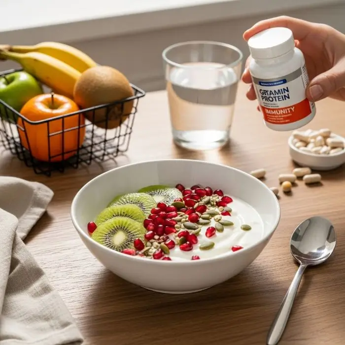 Nonfat Greek yogurt protein bowl with kiwi and pomegranate supporting immune health and balanced gut bacteria for wellness