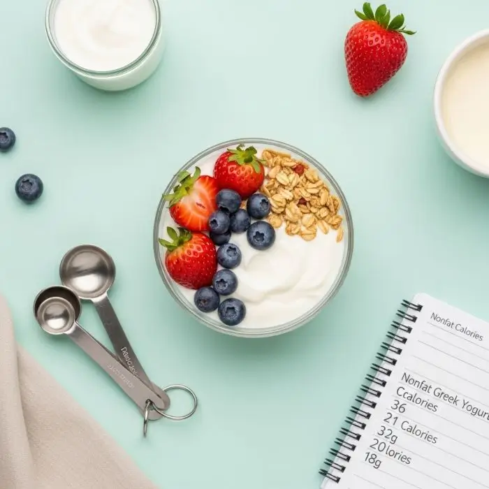 Low-calorie nonfat Greek yogurt protein bowl with berries and granola supporting weight loss and appetite control