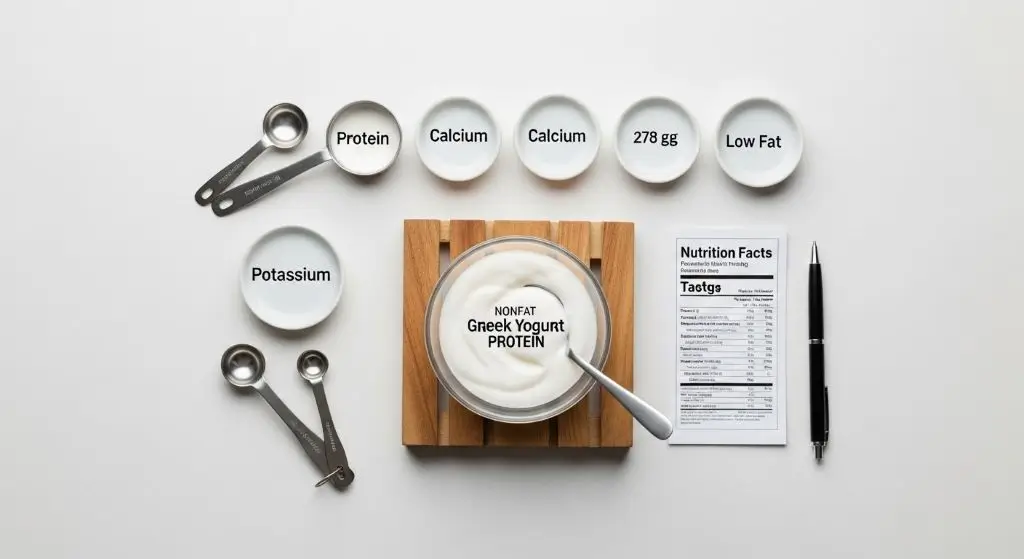 Nonfat Greek yogurt protein serving with visual nutritional chart highlighting protein, calcium, potassium, and low fat content