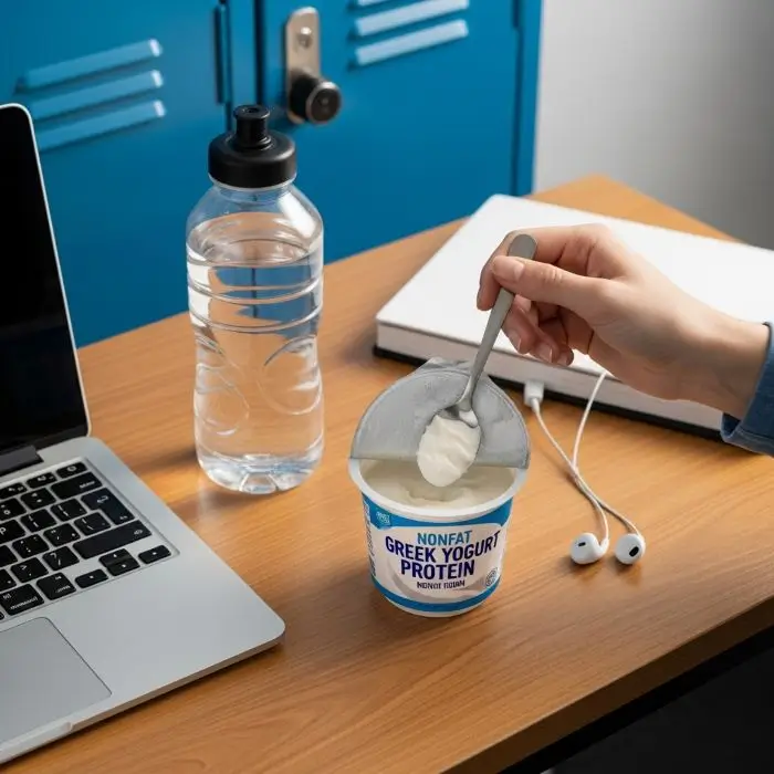 Single-serving nonfat Greek yogurt protein cup at office desk showing convenient, portable, and nutritious