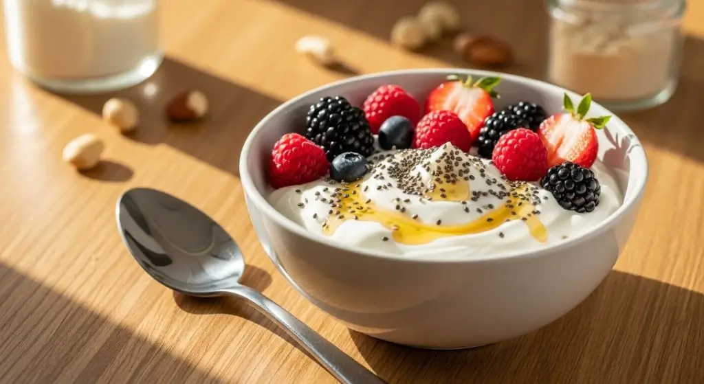 Nonfat Greek yogurt protein bowl with berries, chia seeds, and nuts showcasing why nonfat Greek yogurt protein is a superfood