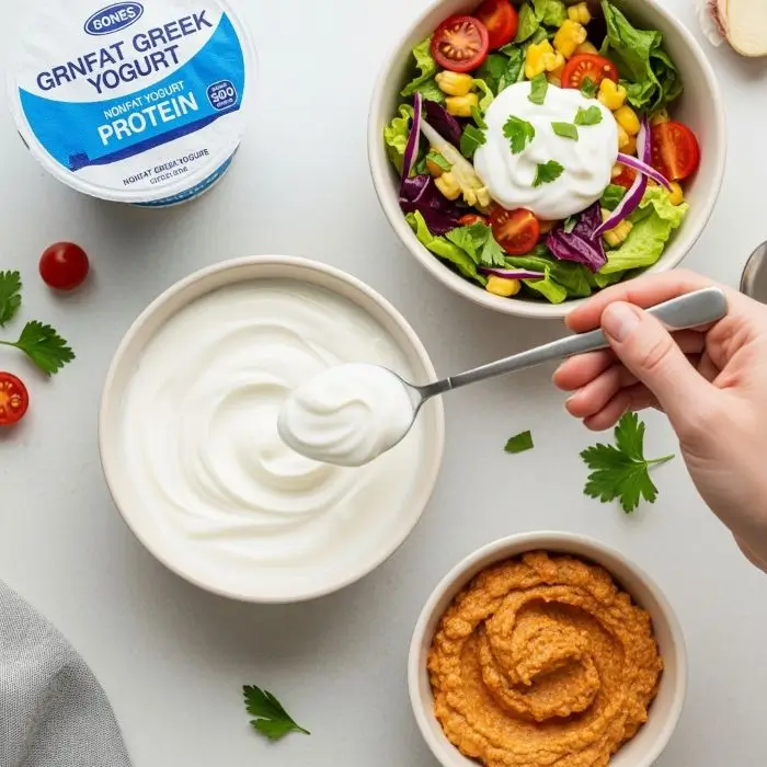 Nonfat Greek yogurt protein used in savory salad and dips showing versatility in healthy meal preparation