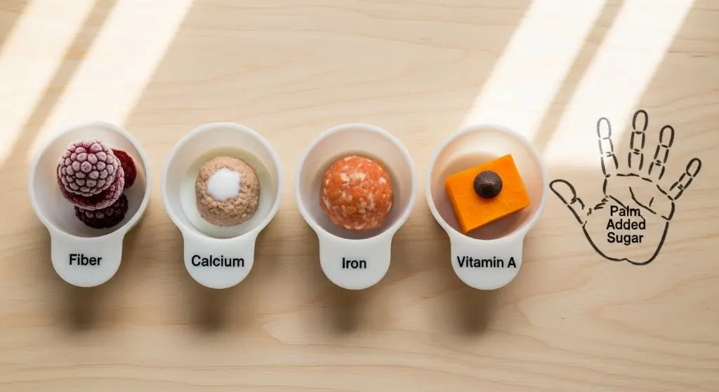 Nutrition snapshot for healthy foods for picky eaters: real foods forming bars that hit fiber, calcium, iron, vitamin A targets.