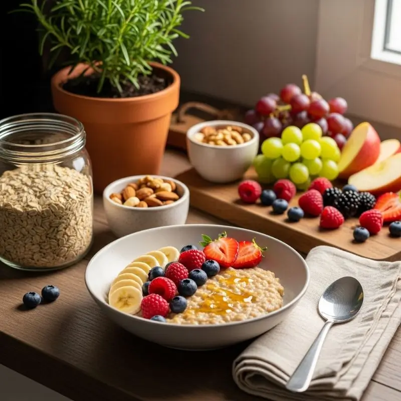 Oatmeal bowl with fruit and nut decor on a bright counter, shown as one of the top Breakfasts for Losing Belly Fat.
