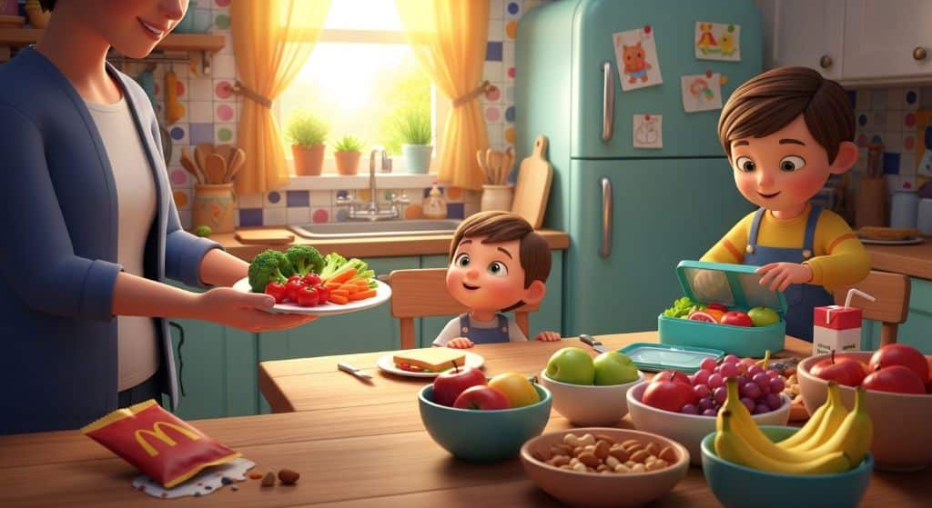 Parent encouraging kids to try healthy foods while preparing lunchboxes, showing solutions for picky eating and busy schedules.