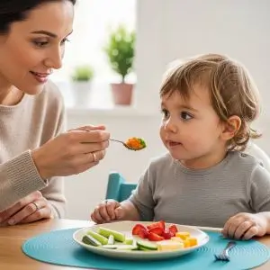 Parent encouraging a child to try new foods without pressure during a picky eaters test