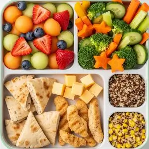 Balanced meal tray with fruits, vegetables, protein, and grains for a picky eaters test