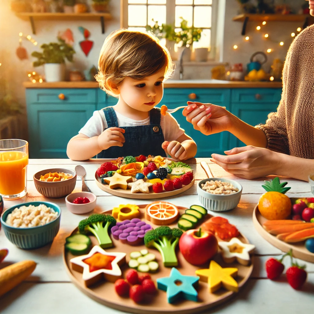 Child enjoying colorful fun-shaped fruits and vegetables as part of a picky eaters test strategy