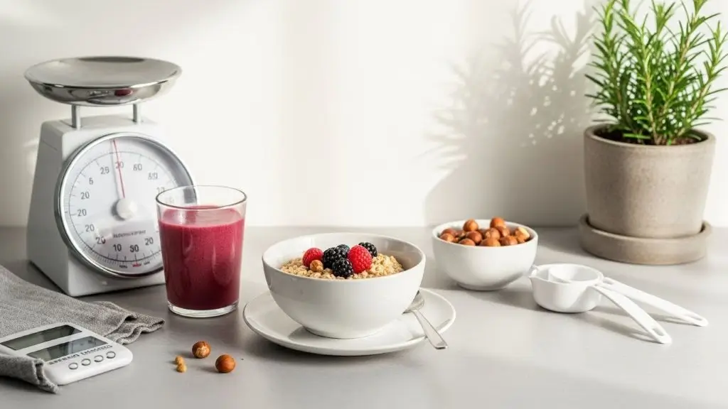 Portion-controlled breakfast with oatmeal, smoothie, and measuring tools on a bright counter for Breakfasts for Losing Belly Fat.