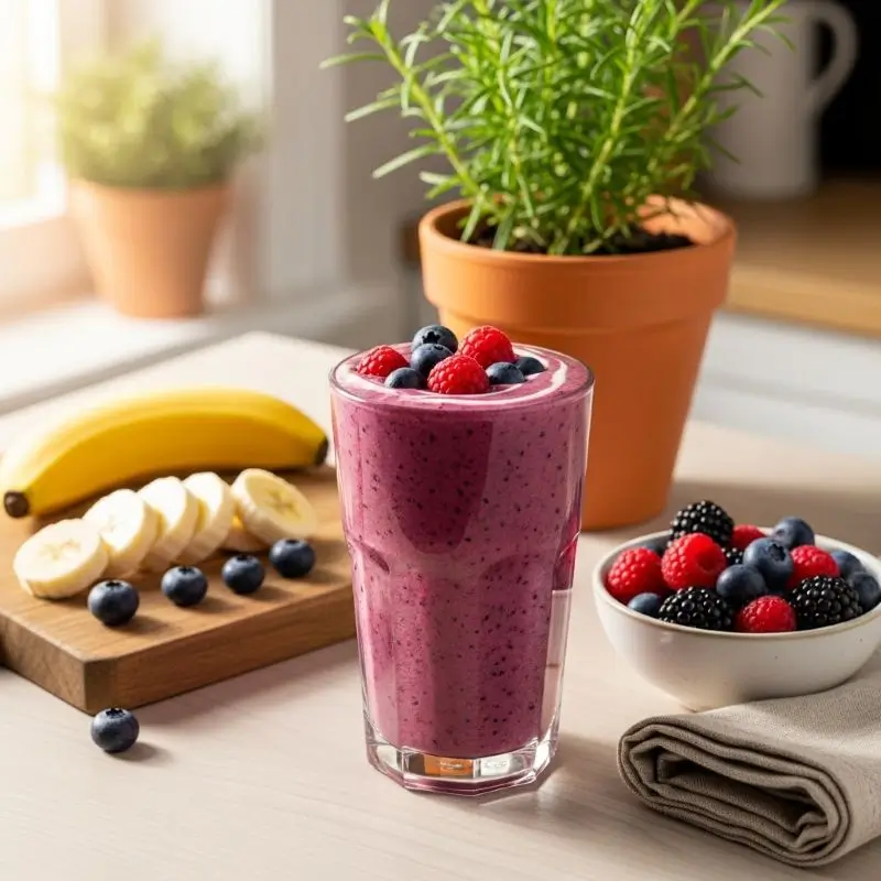 Protein-packed berry smoothie with fruit decor on a bright counter, styled as one of the top Breakfasts for Losing Belly Fat.