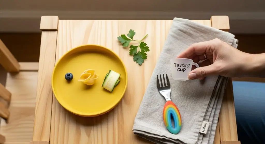 Psychology of picky eaters: calm tasting setup with tiny portions and optional spit cup shows why pressure-free meals work best.