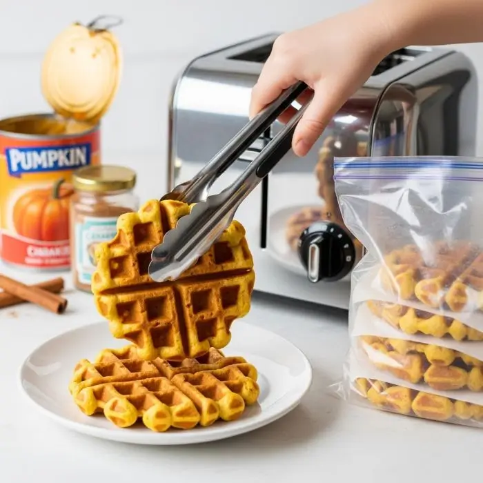 Pumpkin waffles for healthy foods for picky eaters: vitamin-A rich, freezer-ready breakfast with warm cinnamon flavor.