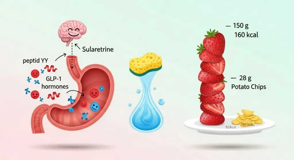 Infographic explains how protein, fiber, water, and calorie density make Low-Calorie Filling Foods keep you full longer.