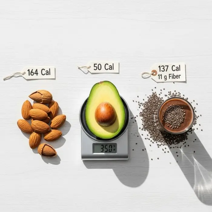 Avocado, chia seeds and almonds show smart fats that satisfy in small portions on Low-Calorie Filling Foods plan.