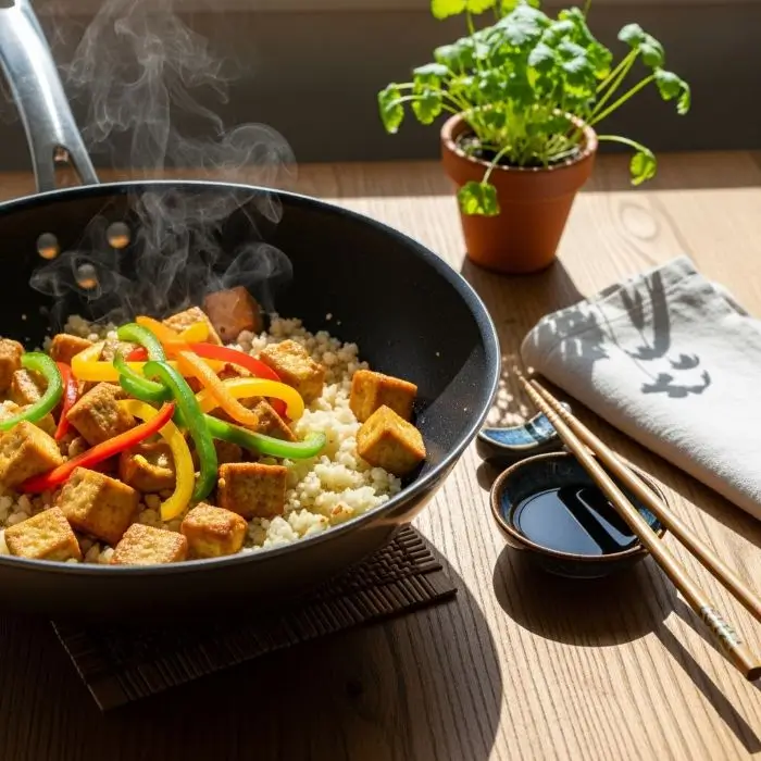 Stir-fried tofu with cauliflower rice, a quick Low-Calorie Filling Foods dinner.