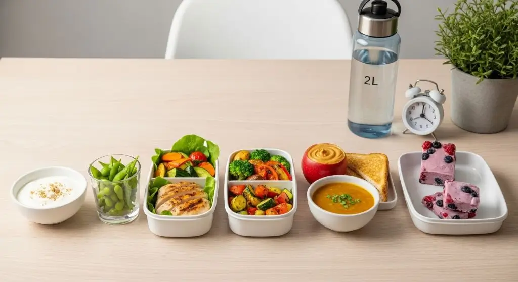 Daily meal lineup shows a sustainable eating pattern using Low-Calorie Filling Foods, water, and sleep targets.