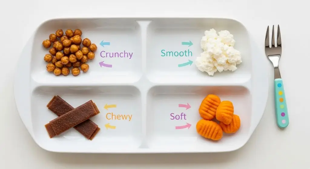 Texture rules for healthy foods for picky eaters: crunchy, smooth, chewy, soft swaps to expand tolerance without stress.