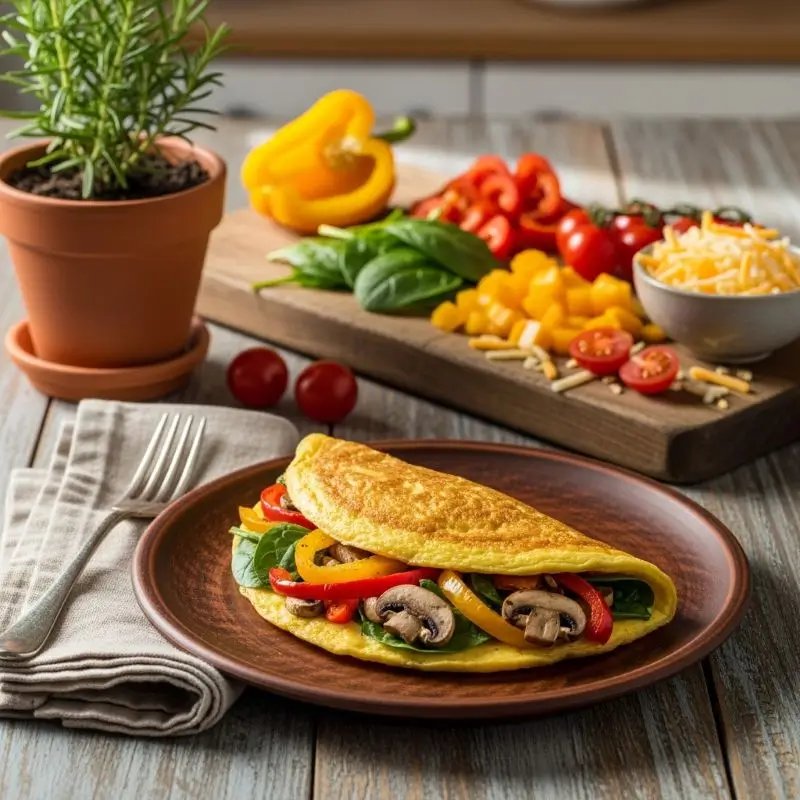 Veggie omelette with fresh vegetable decor on a bright counter, shown as one of the top Breakfasts for Losing Belly Fat.
