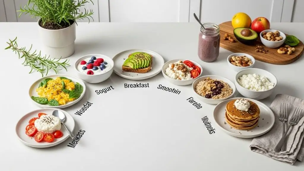 Weekly breakfast layout with seven healthy dishes on a bright counter, presented as top Breakfasts for Losing Belly Fat.