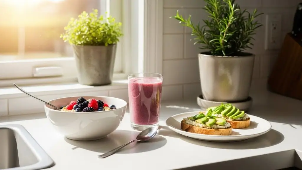 Nutritious breakfast with oatmeal, smoothie, and avocado toast on a bright counter, highlighting Breakfasts for Losing Belly Fat.