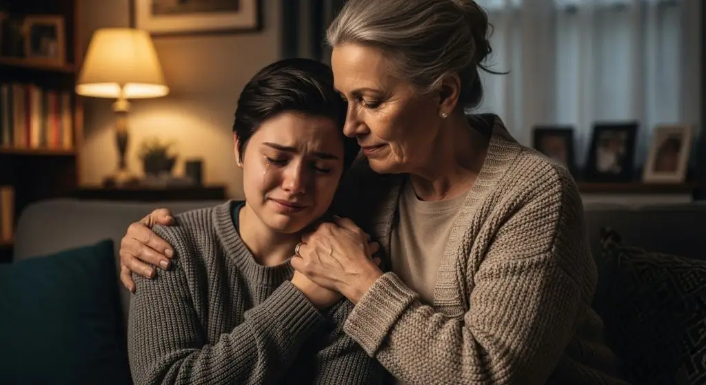 Grandmother hugging grandchild, offering comfort and healing in a safe haven of hugs.