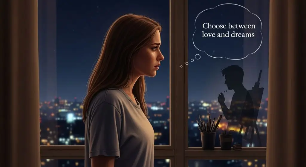 Sarah looking out at city lights, lost in thought, reflecting on her struggle of choosing between love and dreams.