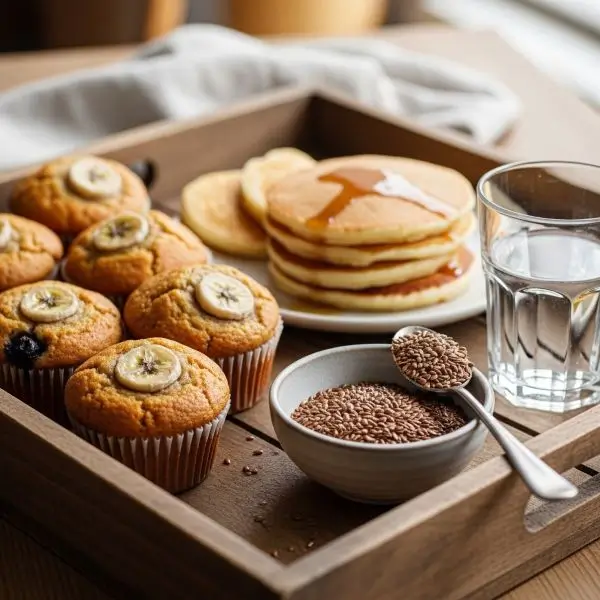 Muffins and pancakes made with ground flaxseeds, showing a natural egg substitute and fiber boost.