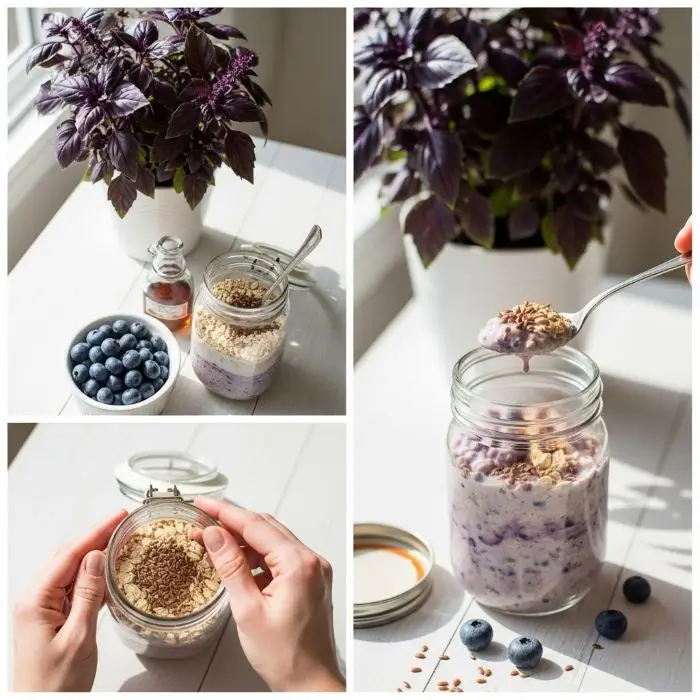Blueberry-flax overnight oats jar delivers flaxseed meal benefits for creamy gut-friendly breakfast.