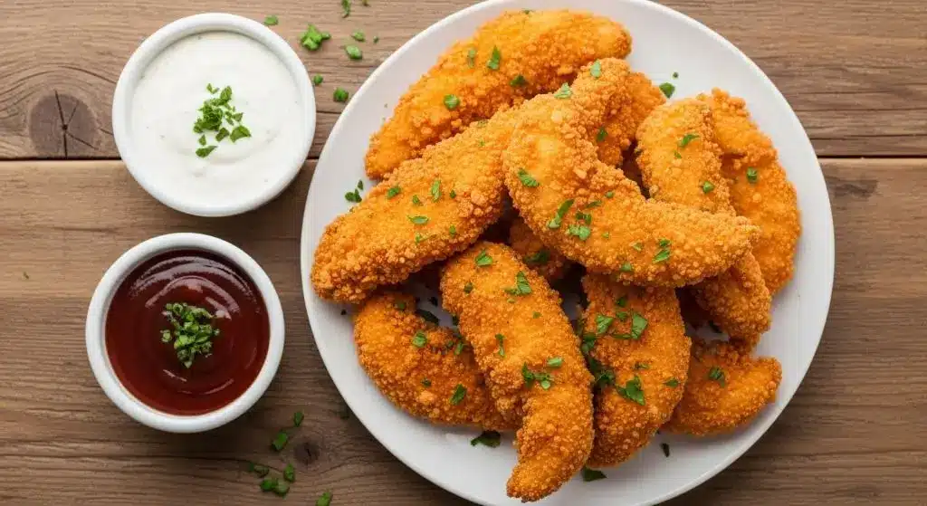Crispy chicken tenders served with ranch and BBQ dipping sauces – Top 10 Super Bowl Party Snacks