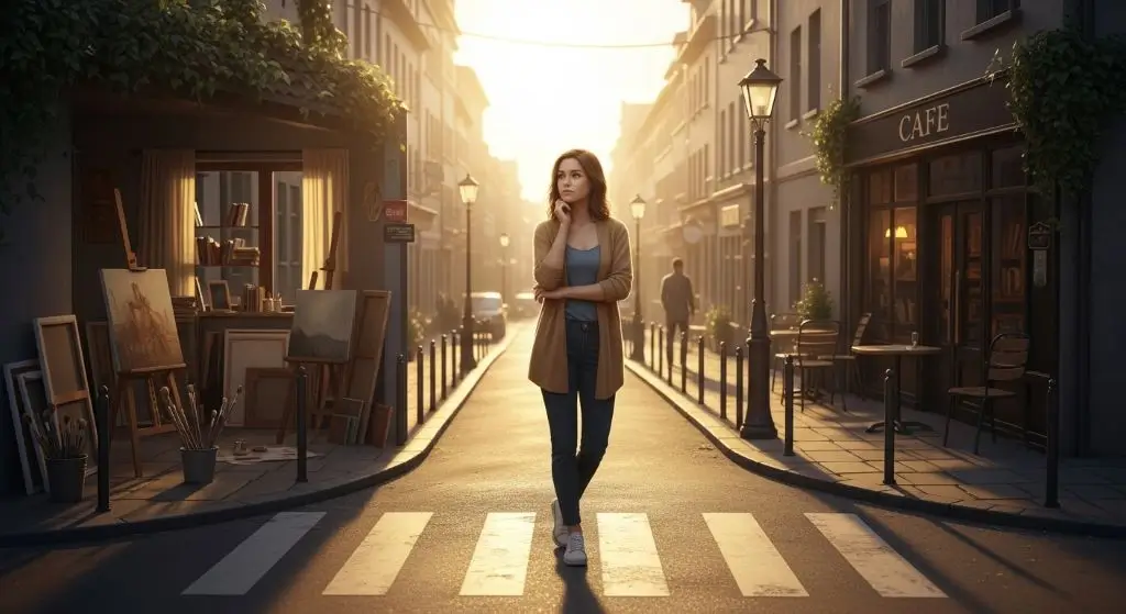 A realistic young woman standing at a sunlit crossroads, thoughtfully choosing between love and dreams, reflecting on her life and future decisions.