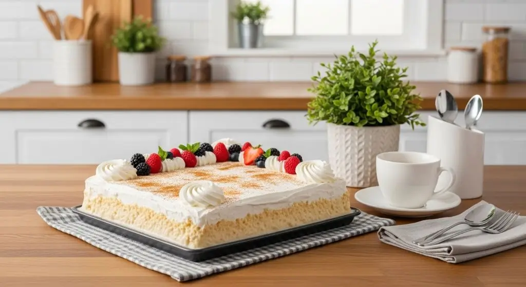 Easy Tres Leches Cake Recipe showing a light and creamy 3-milk sponge cake topped with whipped cream and cinnamon.
