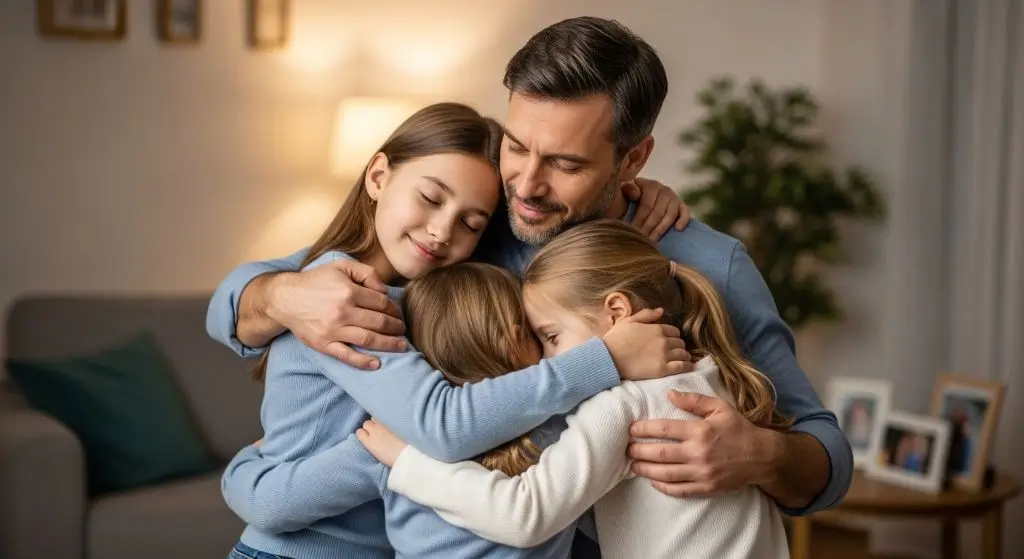 A father hugging his three children, capturing family warmth, healing, and love in the haven of hugs.