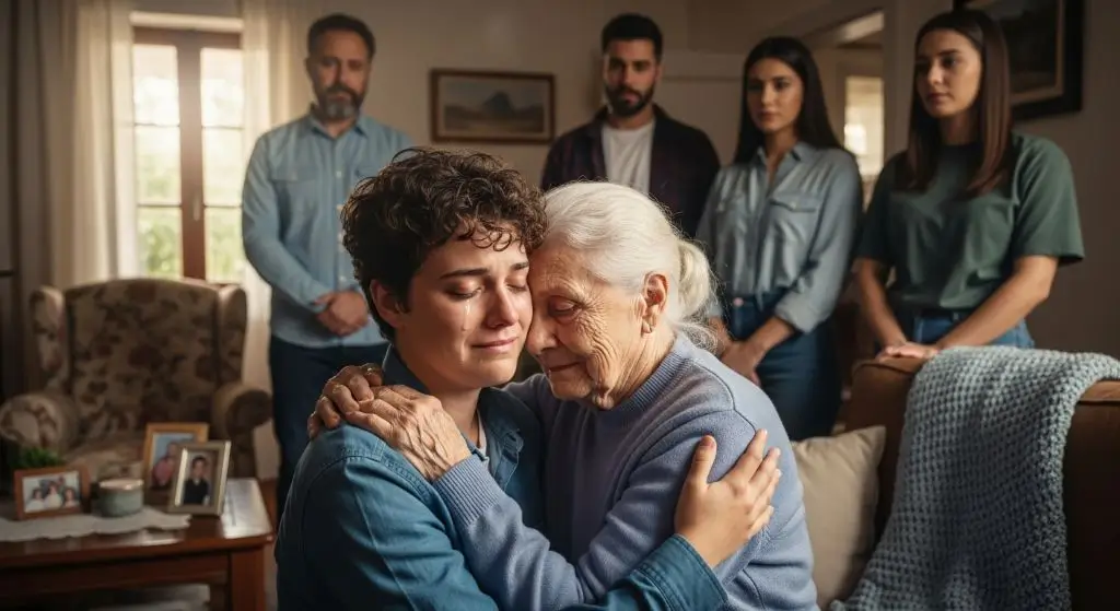 Young adult embracing elderly grandmother with family nearby, illustrating love, support, and the healing power of hugs.