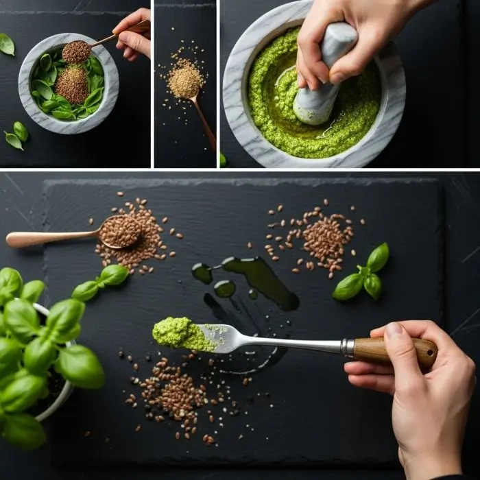 Dark-slate pesto showcases flaxseed meal benefits: glossy basil blend adds omega-3 to pasta.