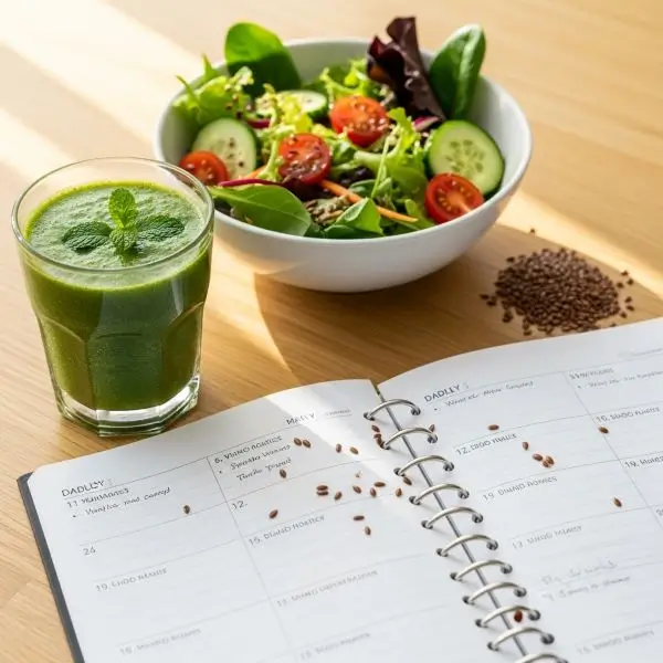 Flaxseeds with smoothie and salad beside a planner, showing daily intake habits for long-term weight loss.