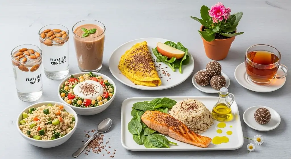 Balanced flaxseed diet plan with flax water, smoothie, salad, energy balls, and salmon meal for healthy weight loss.