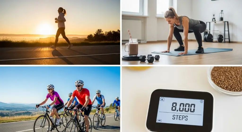 Effective exercises to combine with flaxseeds for weight loss including morning walk, strength training, cycling, and daily step goals.