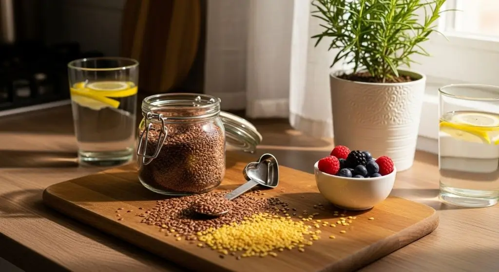 Flaxseed meal benefits shine in a sunlit kitchen scene with berries, seeds, and heart-shaped spoon on rustic wood.