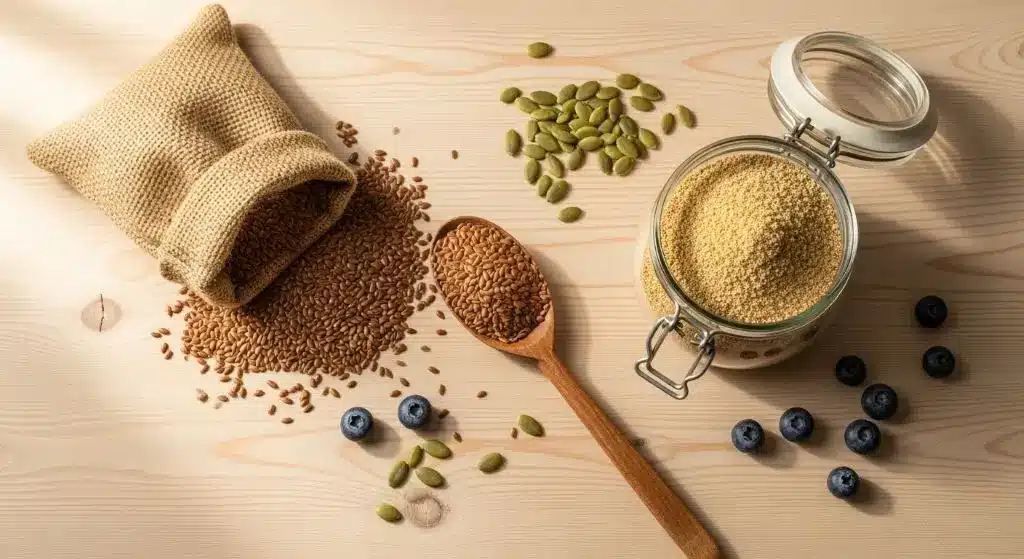 Flaxseed meal benefits flat-lay showing ground flax, whole seeds, and antioxidant-rich berries that highlight what makes flaxseed meal a superfood.