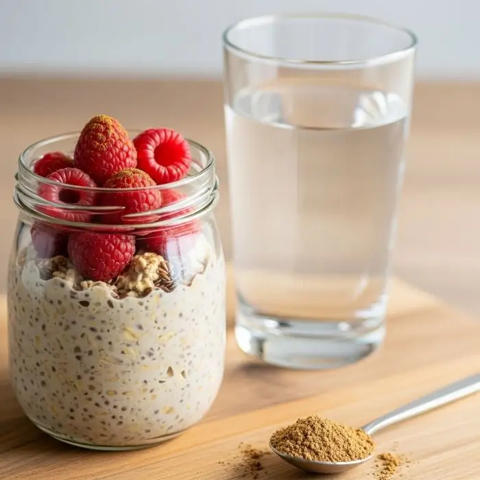 Flaxseed meal digestion breakfast jar with creamy oats and raspberries to ease bloating and improve gut health.