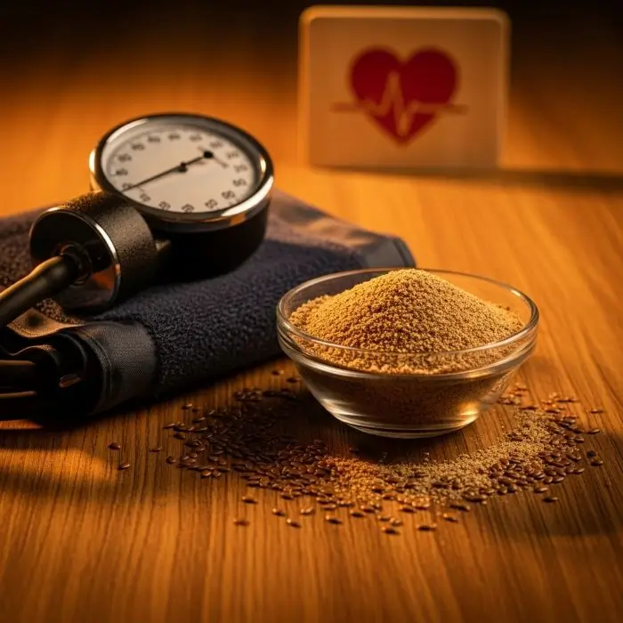 Flaxseed meal benefits heart health: blood-pressure cuff and seeds show ALA lowering power.