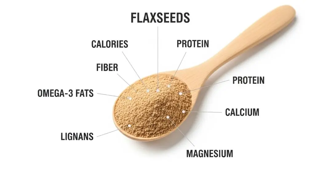 Nutrition value of flaxseeds per tablespoon showing calories, fiber, protein, and omega-3s to explain how to take flaxseeds for weight loss.