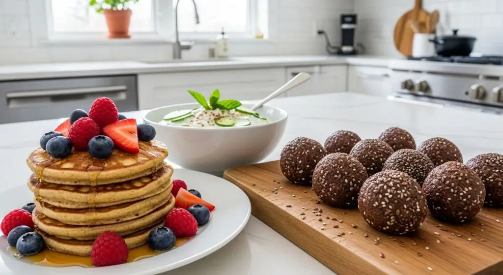 Banana flax pancakes, flaxseed yogurt raita, and cocoa energy balls showing easy flaxseed recipes for healthy weight loss.