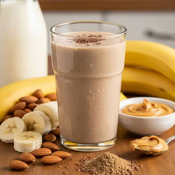 Flaxseed smoothie with banana, almond milk, Greek yogurt, and peanut butter for weight loss support.